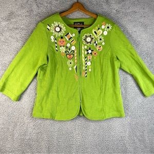 Bob Mackie Wearable Art Womens Green Cat Size M Embroidered Full Zip Swe…